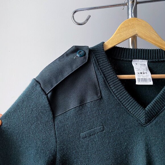❄️ Vintage Dark Green Wool Military V-Neck Sweater - Picture 4 of 5